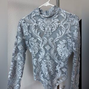 Elegant Lace Velvet Sheer - Baby Blue Long Sleeve